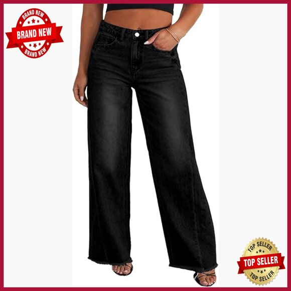 Denim - Plus Size Wide Leg Jeans Elastic High Waist Stretchy Raw Hem Denim Pants